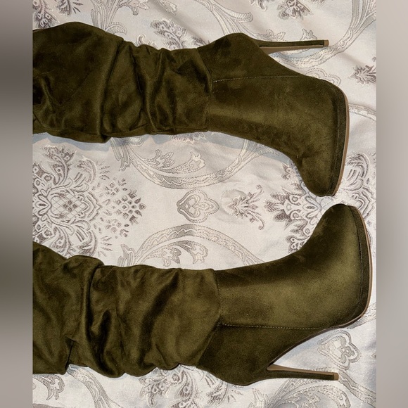 Women’s Size 8 Ruched Thigh High Over The Knee Stiletto Heel boots, Olive Green - Picture 4 of 9